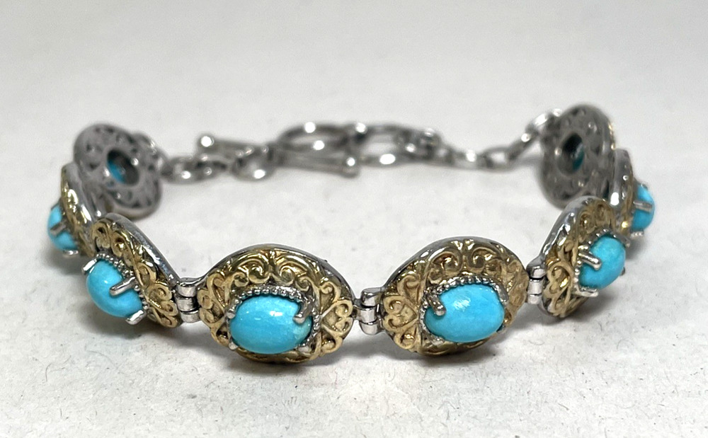 STS Sterling Silver Gold Vermeil Blue Turquoise Tennis Bracelet 8 Stone 7in